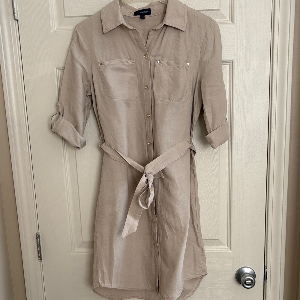 Tan Khaki Linen Rayon Button-Up Shirt Dress Belted Roll Sleeve
